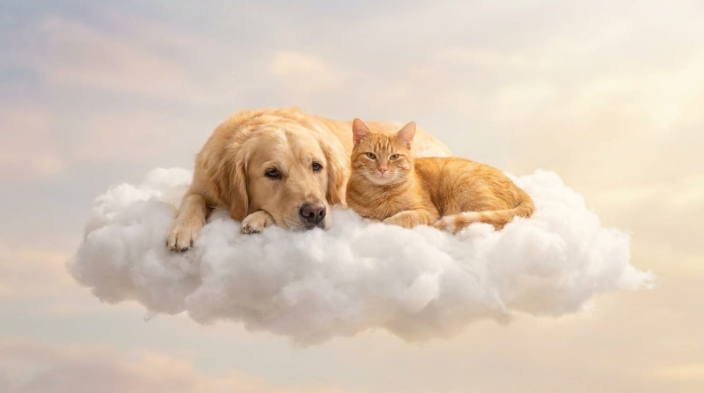 A golden retriever and an orange tabby cat relaxing together on a floating cloud