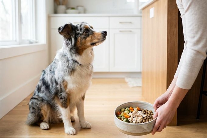A person offering a bowl of fresh, wholesome food to a sitting Australian shepherd