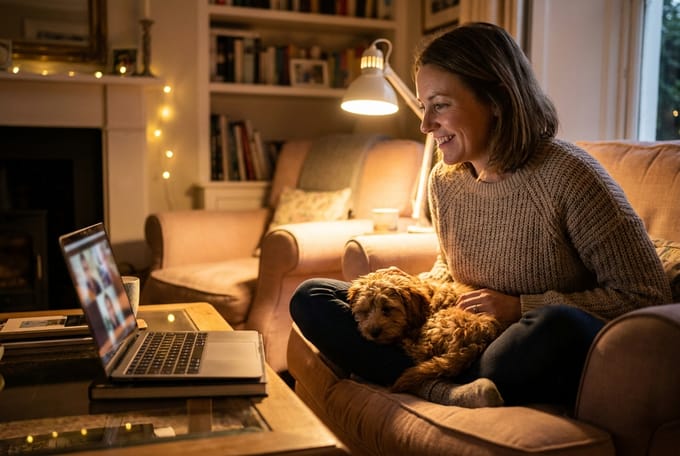 A pet owner on a video call with a veterinarian, a small dog on their lap