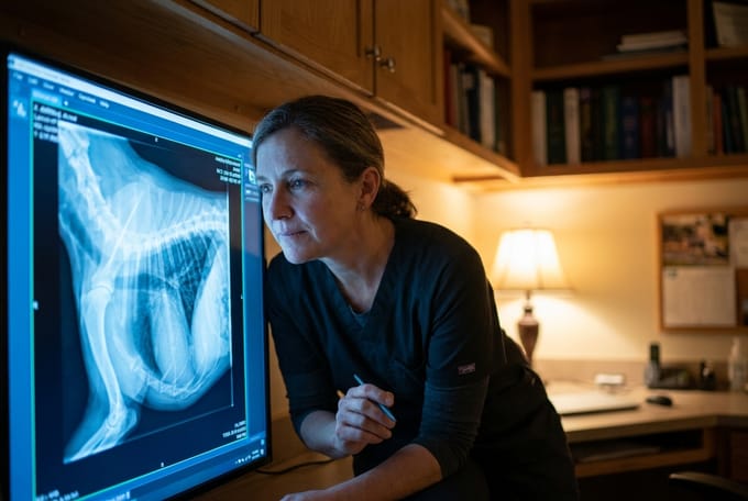 A veterinarian studying a pet X-ray on a medical monitor