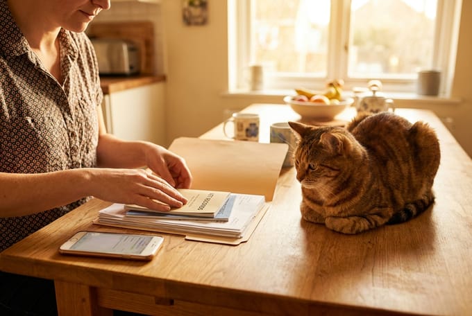 A pet owner organizing health records at a kitchen table while their tabby cat watches