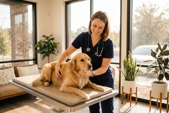 A veterinarian gently examining a golden retriever in a bright clinic